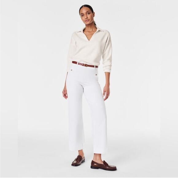 Spanx White High Rise Stretch Twill Cropped Wide Leg Button Pull On Pant XL - Picture 3 of 10